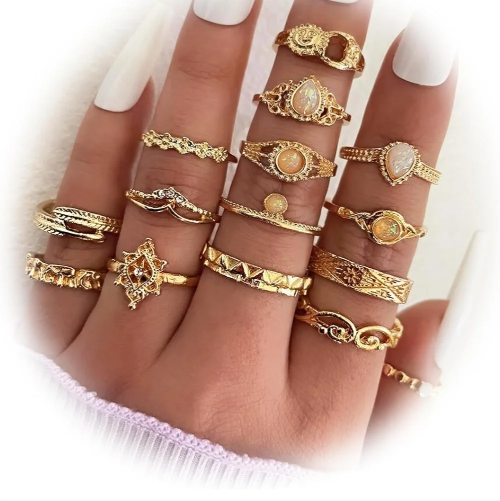 Gold Opal Accent Women's Ring Set - 15 Pack
